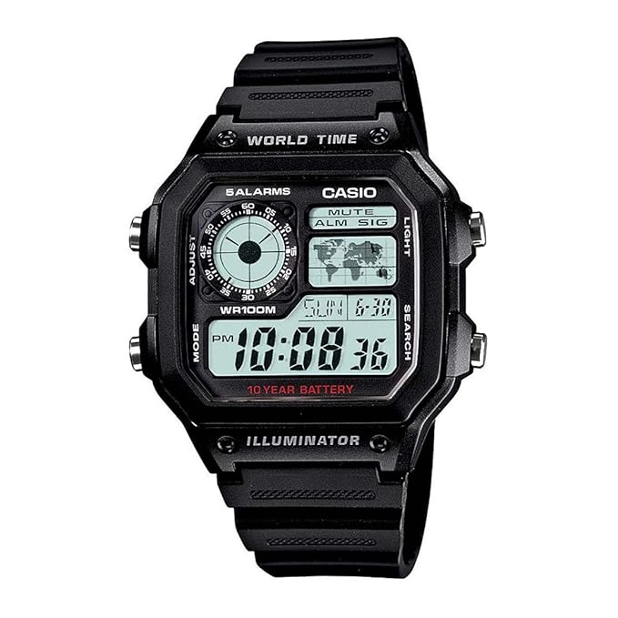 Casio Youth Series AE-1200WH-1AVDF Digital Men’s Watch – Grey dial with world time display, stopwatch, and black resin strap for sporty use