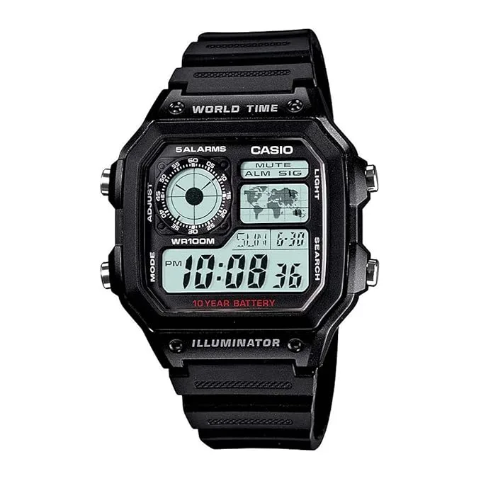Casio Youth Series Ditial grey mens, watch Casio Youth Series AE-1200WH-1AVDF Digital Men’s Watch – Grey dial with world time display, stopwatch, and black resin strap for sporty use