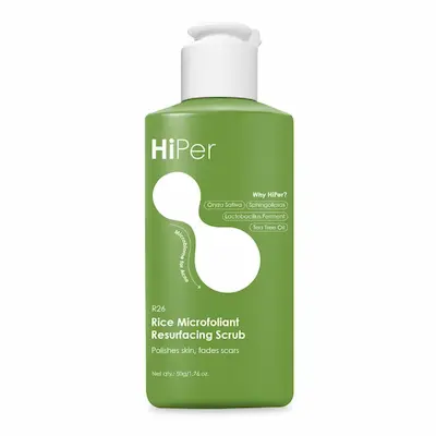 HiPer Rice Microfoliant Resurfacing Face Scrub in a 50 gm tube, designed for gentle exfoliation of acne-prone and oily skin, infused with rice powder, tea tree oil, and prebiotics.