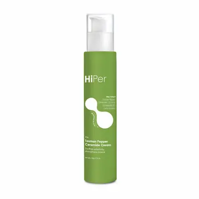 HiPer Skin Tasman Pepper Ceramide Cream in a 50 gm tube, a lightweight moisturizer for oily and acne-prone skin, enriched with Tasmanian pepperberry, ceramides, and oat extract.