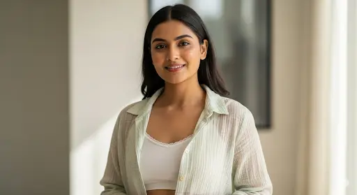 cotton bra with shrug Smiling Indian woman wearing a light green open shirt layered over a white cotton bras, standing indoors in soft natural light