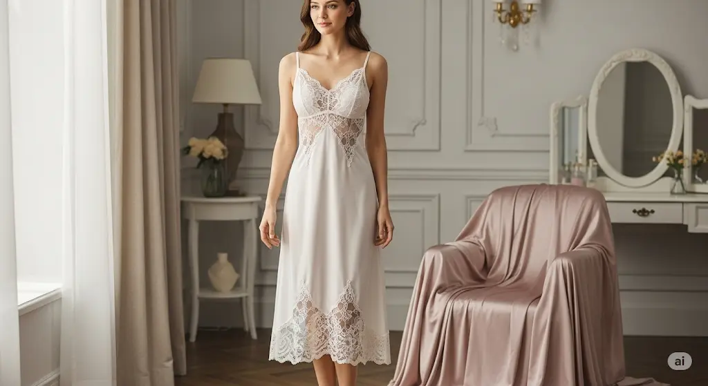 White lace-trim midi nightdress in a bright vanity room, breathable women’s nightwear
