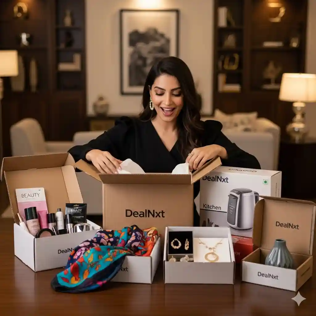 Happy unboxing moment—customer opening a parcel with curated DealNxt picks