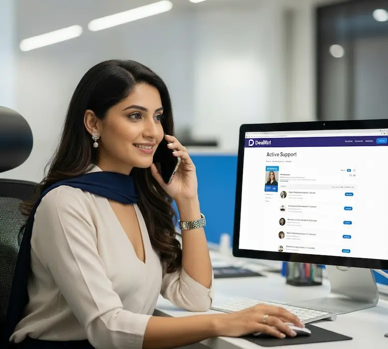 women is handling the customer queries and talking on phone to handle the dealnxt customer queries