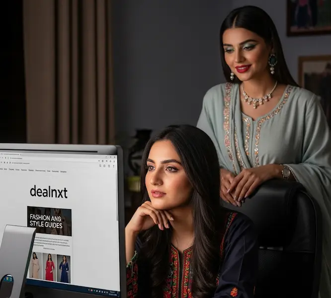 Women is reading the Fashion & Styling Guides on her computer screen and other women standing behind her