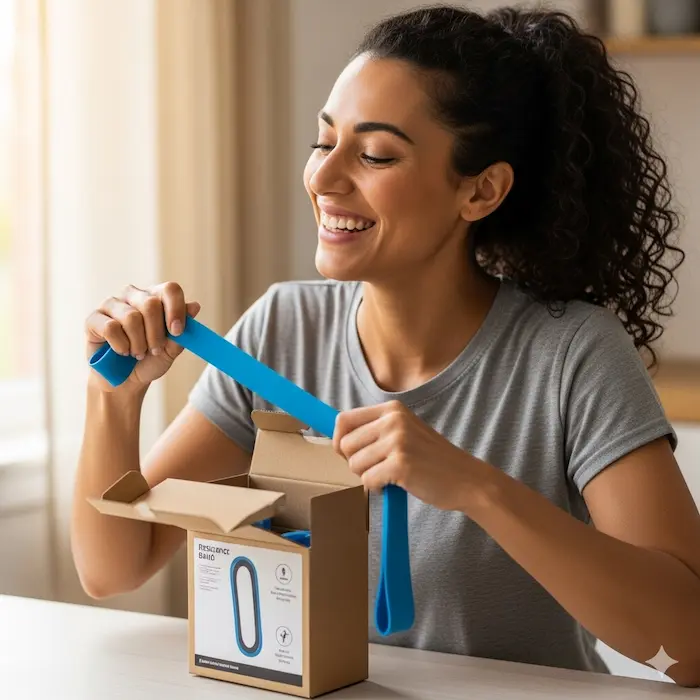 happy smiling women unboxing of resistance bands