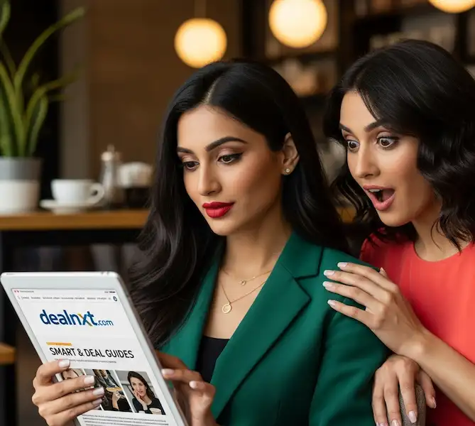 women is reading the smart buying and deals guides on her ipad