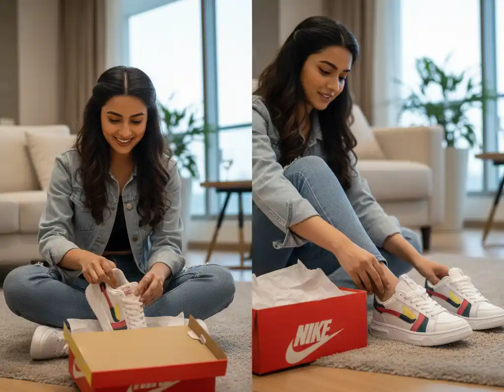 Women is unboxing the sneaker and checking the fitting of shoes 