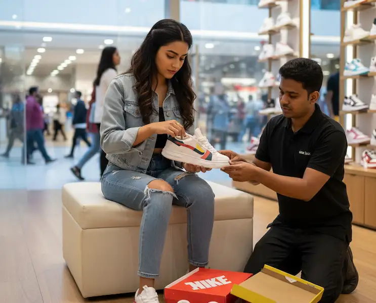 sneaker buying guide: Women is buying the sneaker and checking the quality of sneaker in mall