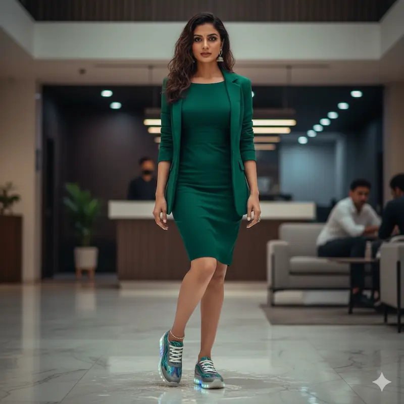 women is standing in office in sneaker