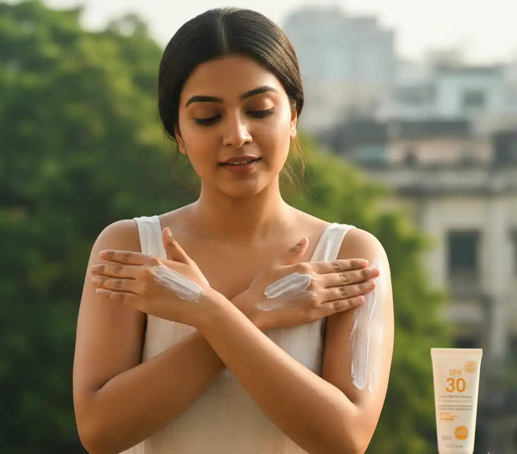 women is applying the spf30 suncreen on her body