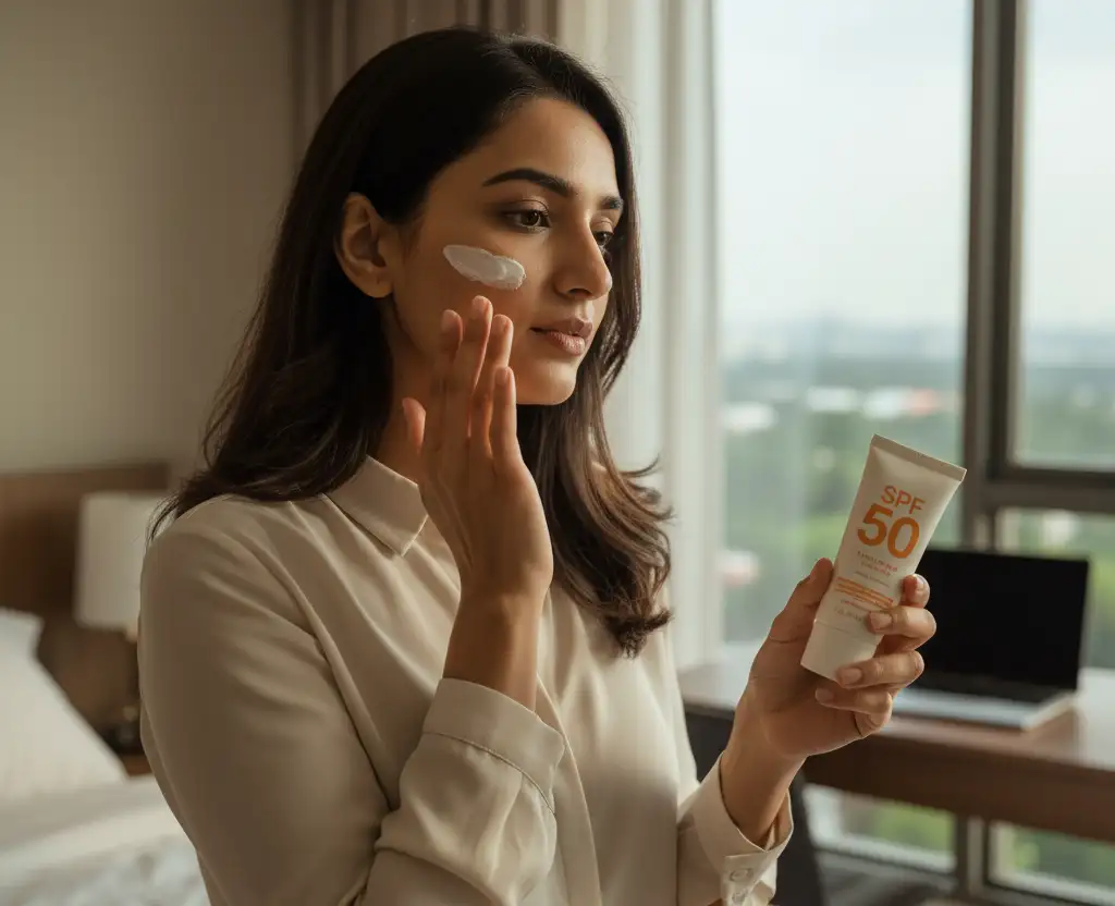 women applying the spf50 sunscreen on her chick