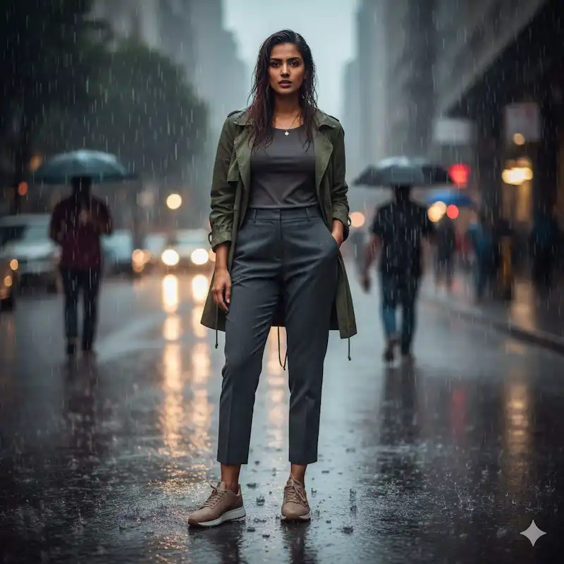Woman in matte neutral sneakers with ankle-crop trousers during monsoon. Sneaker style guide women India