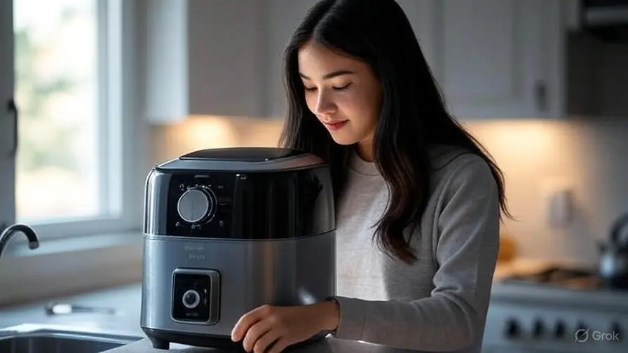 women is using the air fryer in kitchen