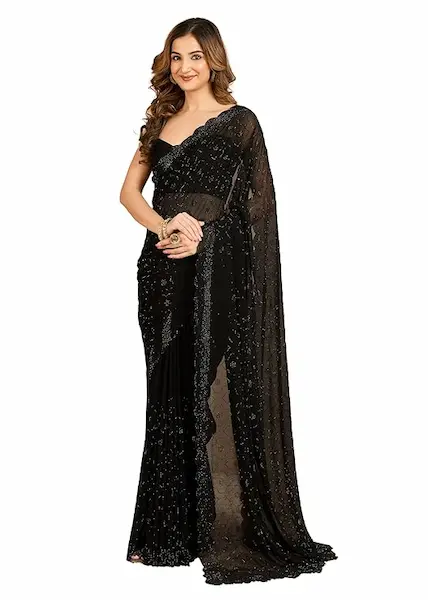 TRENDMALLS Unstitched K1207 Black (Georgette + Stones) – black georgette blouse piece with stone-work, versatile evening match.