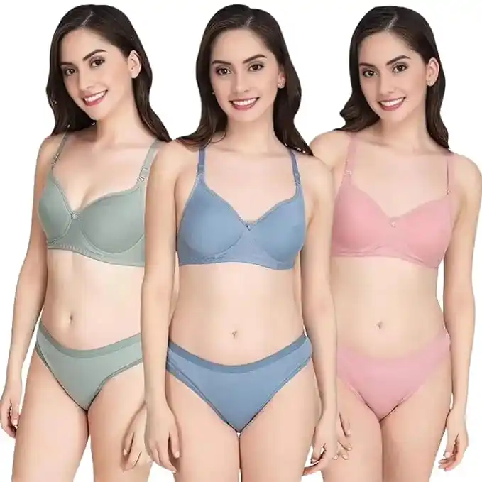 Women Cotton Non Padded Non-Wired Full Cup Padded T-Shirts Bra and Panty Lingerie Set