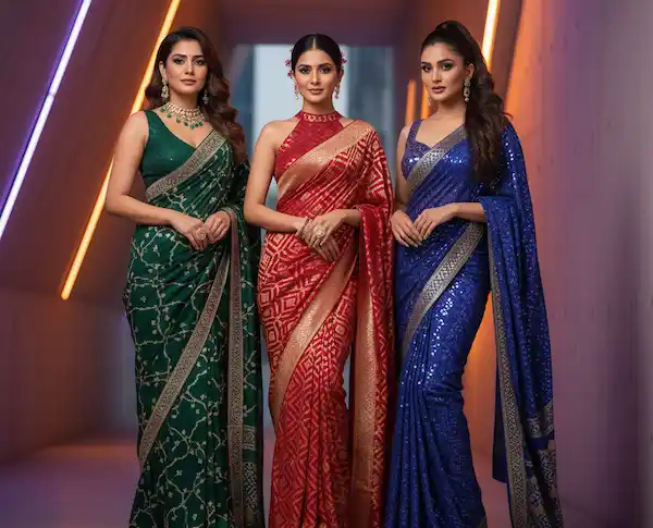 Three women in saree dress represent the best sarees India