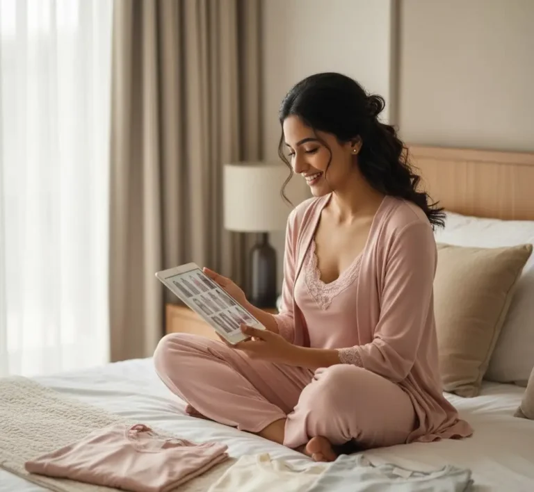 new arrivals nighties and nightdresses India . women is review the bra and night dress on her tablet
