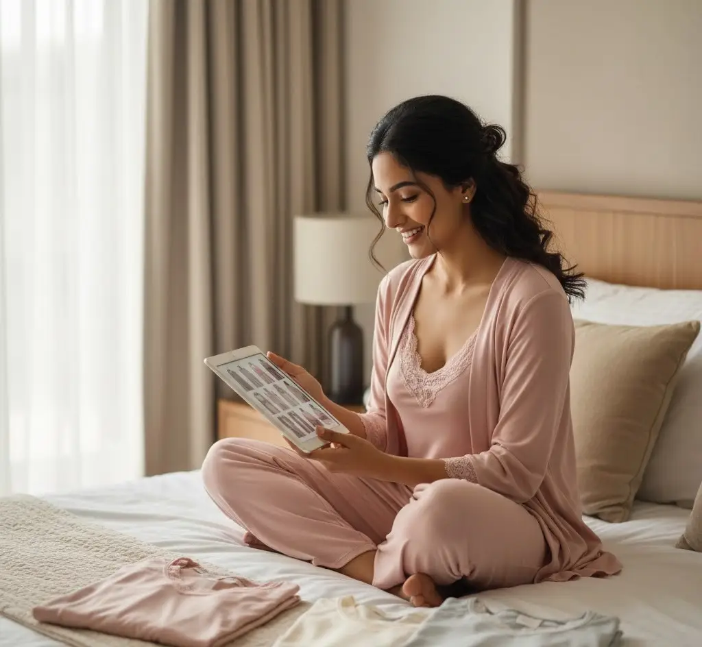 new arrivals nighties and nightdresses India . women is review the bra and night dress on her tablet