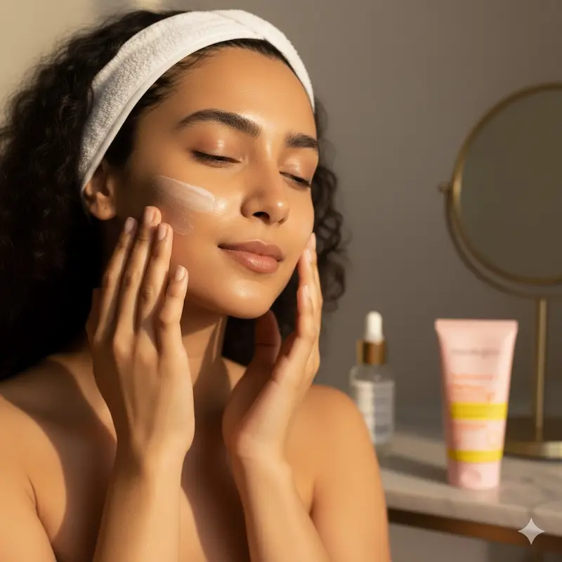 Close-up of a woman blending Aqualogica Radiance+ Dewy Sunscreen SPF 50 on her skin for sun protection.”