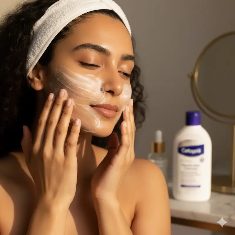 “Close-up of a woman gently cleansing her face with Cetaphil Gentle Skin Cleanser during a daily skincare reset.”