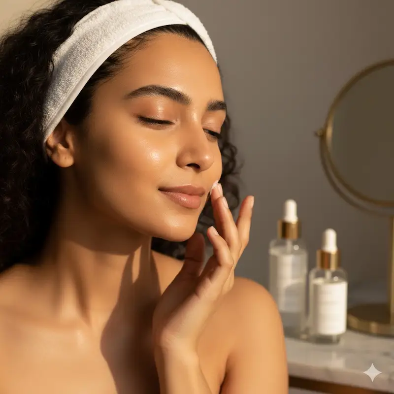 Close-up of a woman’s glowing skin during skincare routine- daily skincare reset