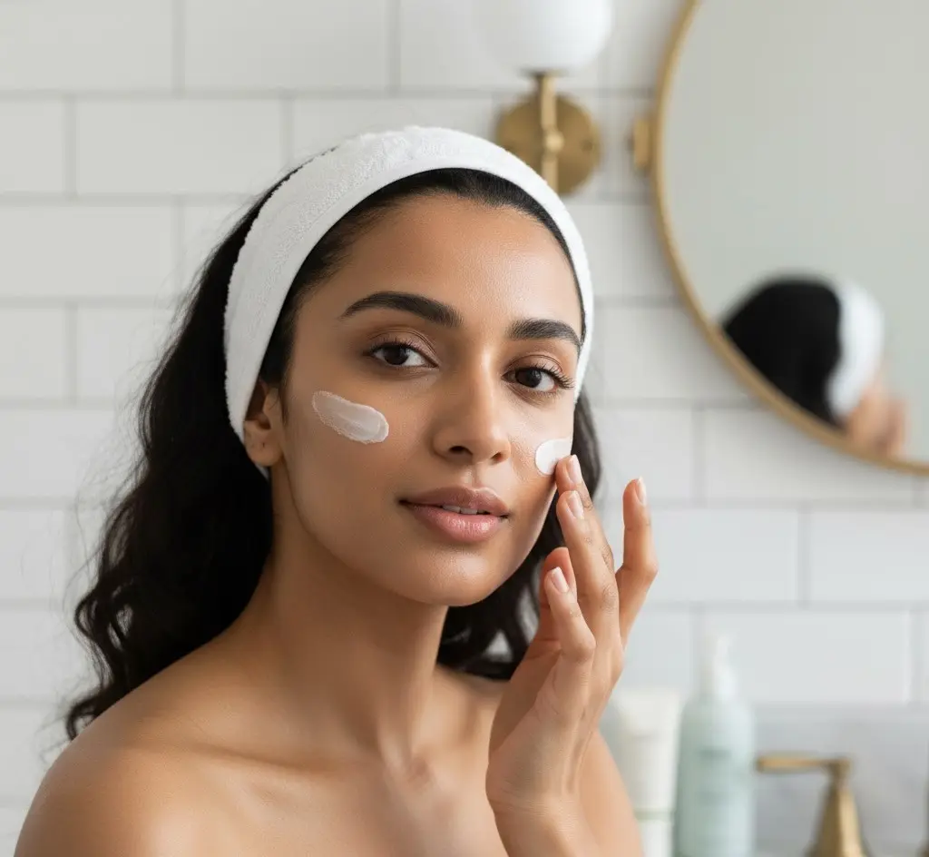 Indian woman close-up applying skincare — cleanse, moisturise, SPF as part of a daily skincare reset