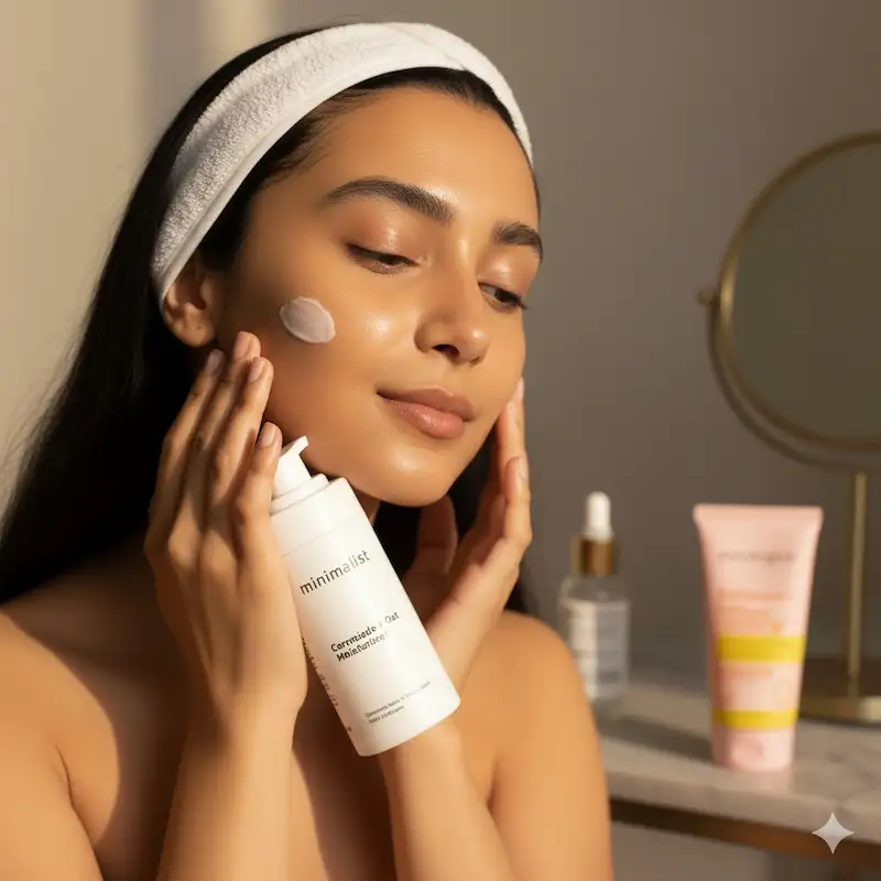 Close-up of a woman applying Minimalist Ceramide + Oat Moisturiser to repair and hydrate her skin