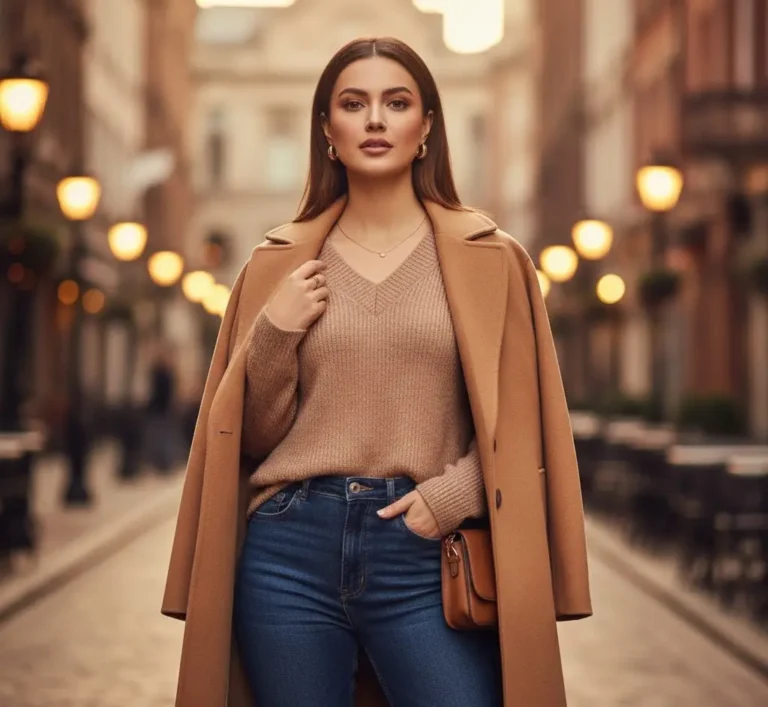 Chic Sweaters For Women- Indian woman wearing a chic budget winter sweater under ₹1,299, posing outdoors in soft golden-hour light with a cosy, editorial fashion look