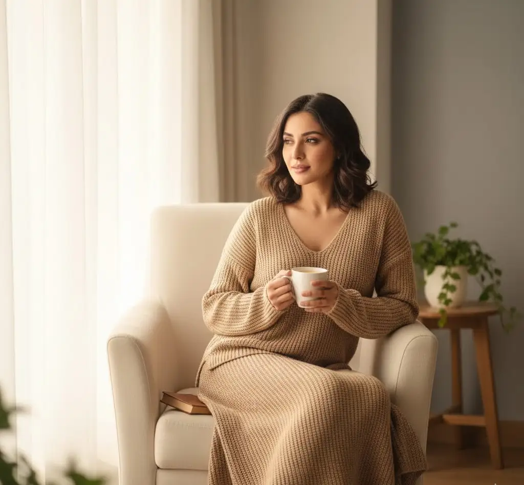 Chic Sweaters For Women- Stylish Indian woman in a trendy winter sweater under ₹1,299, sitting indoors by a window with warm natural light and a minimalist cosy backdrop