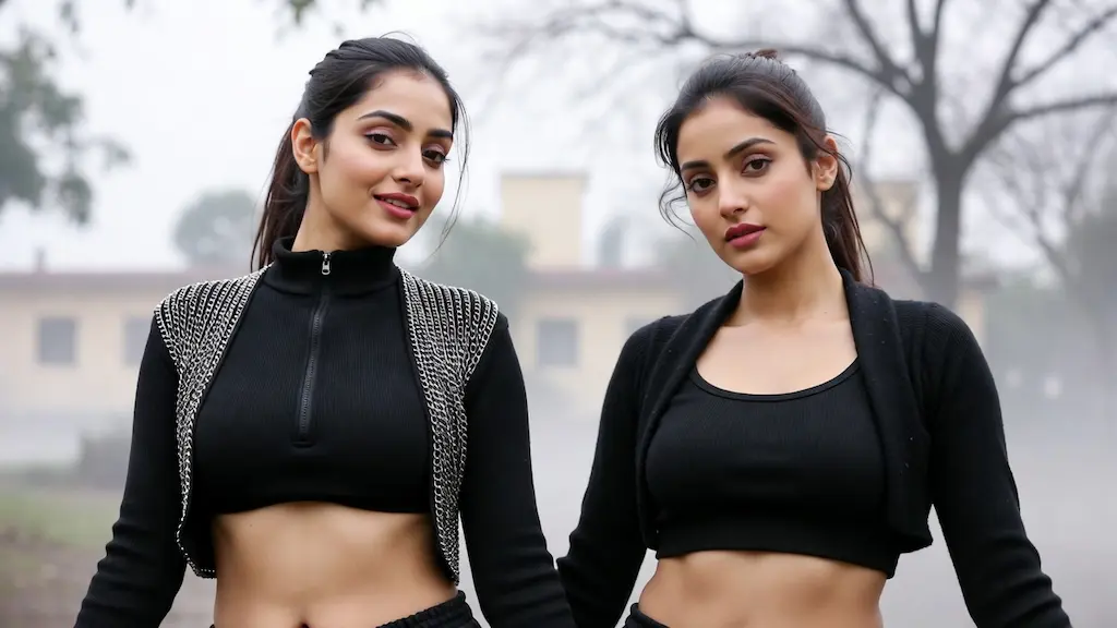 tWO INDIAN WOMEN IN half thermal innerwear blouse and sweater