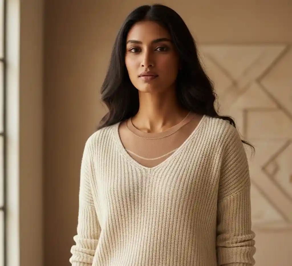 Indian woman wearing a nude thermal layered under a beige ribbed sweater, showing lightweight winter layering for Indian women.