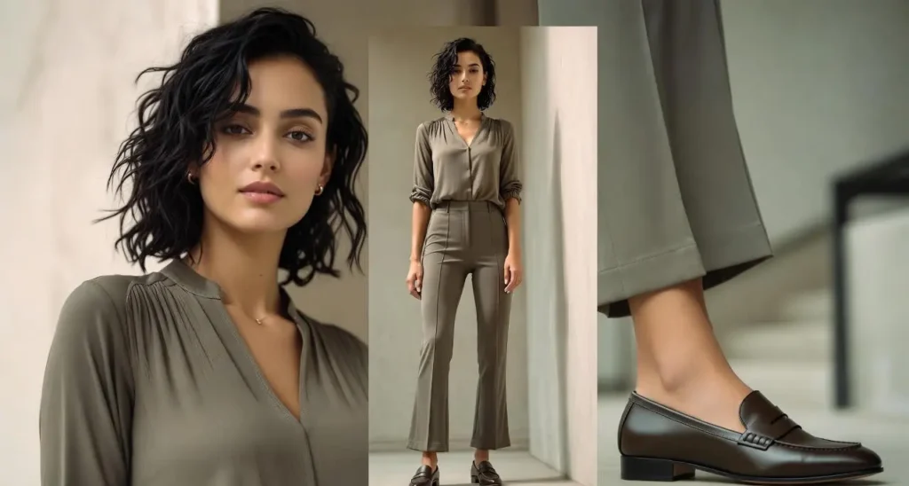 Woman wearing neutral-toned outfit styled with classic loafers, showcasing elegant everyday footwear for work and casual wear