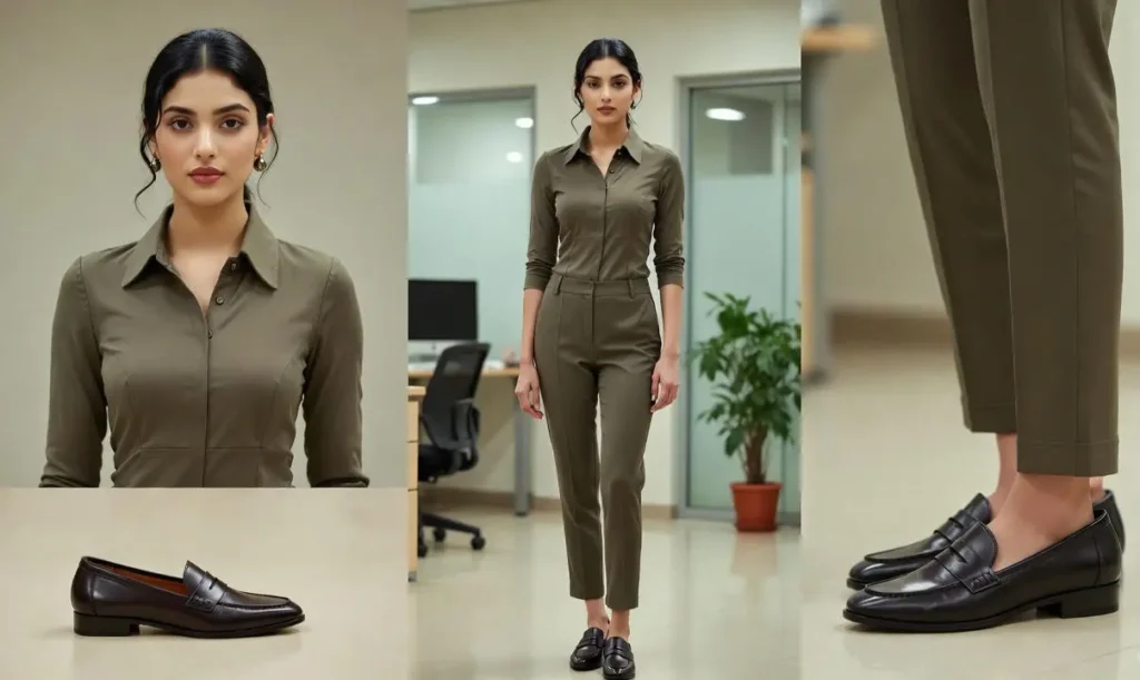 Indian woman wearing chic loafers styled with tailored trousers for a work-to-weekend outfit