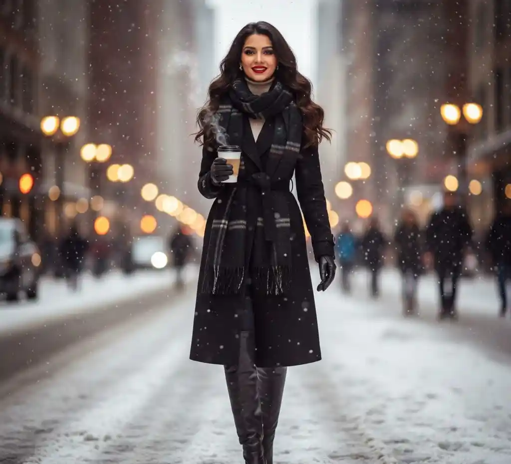 Indian woman wearing a camel longline coat layered over a knit sweater, demonstrating polished winter outerwear for Indian women.