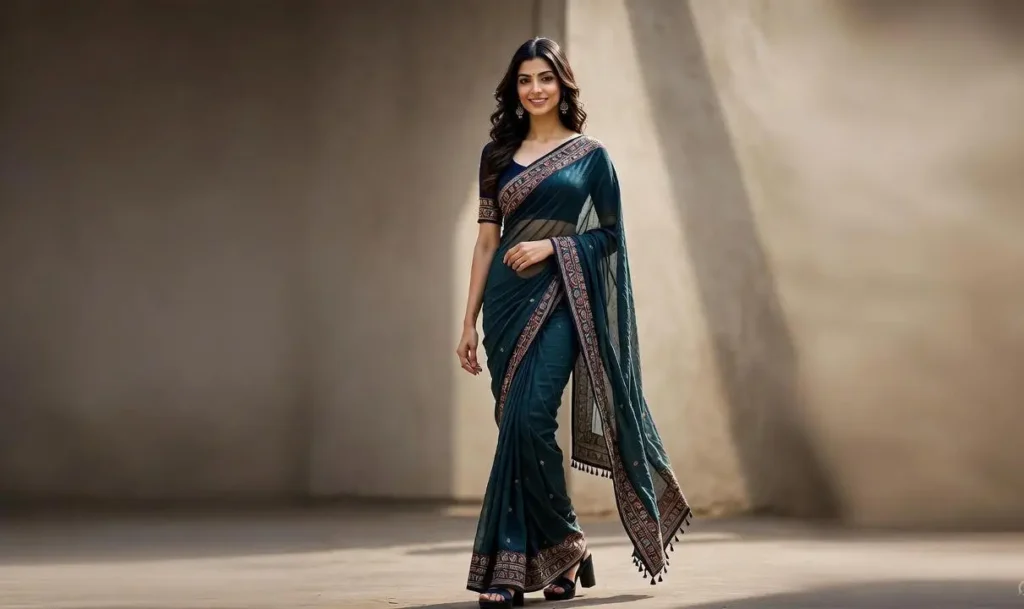 Indian woman wearing a saree styled with a fitted blouse and heels