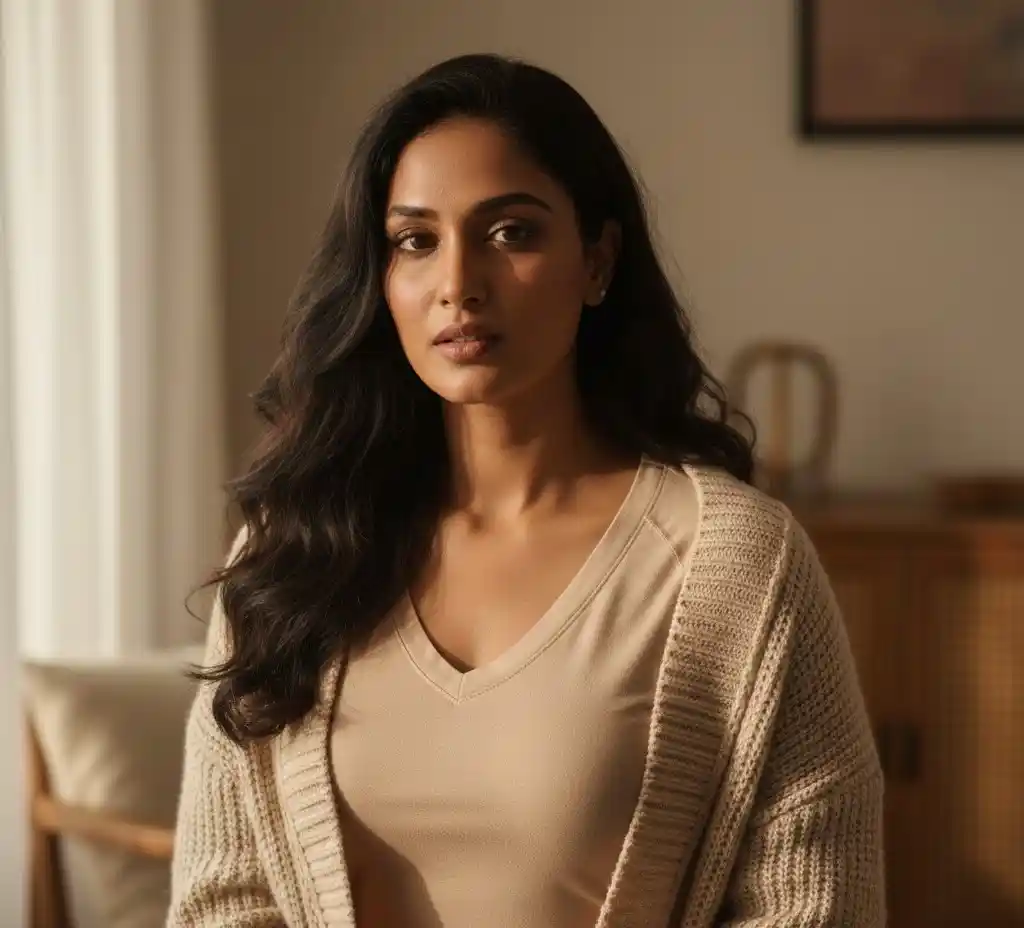 women in nude colour thermal and light weight sweater