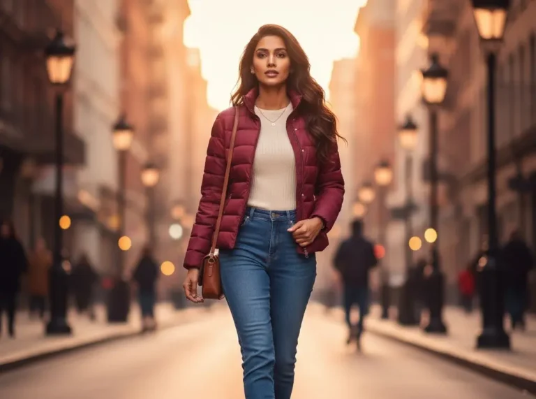 Stylish Indian woman wearing a quilted winter jacket, posing outdoors in warm golden-hour light with a chic, modern street-style look.