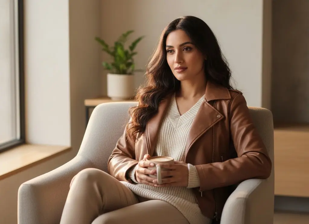 Indian woman in a cosy fleece jacket sitting by a window with soft natural light, showcasing casual winter fashion in a minimalist setting.