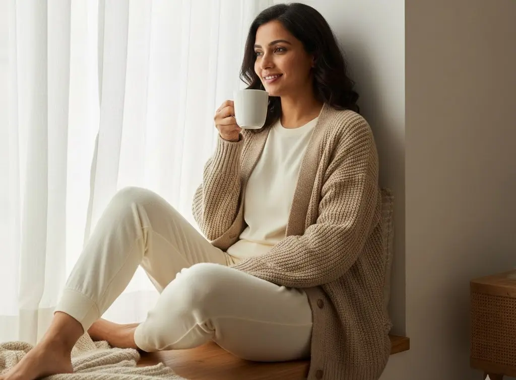winter-innerwear-thermal tops Indian woman wearing a fitted winter thermal top as innerwear under daily winter clothing for warmth and comfort