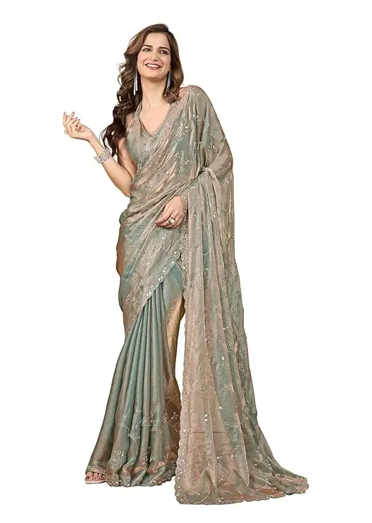 TRENDMALLS Women’s Swarovski-Style Embellished Party Saree with Blouse Fabric (Steel Green)