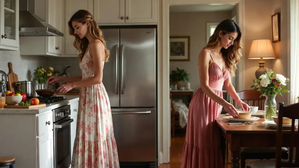 Home and kitchen setup showing everyday cooking and household activities in a modern home