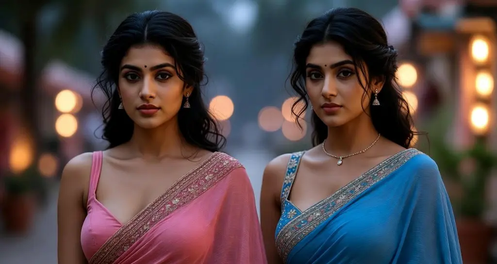 Women in modern partywear sarees with coordinated blouses, festive lighting background