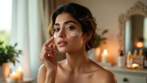 Woman applying face cream during skincare routine while reviewing beauty products