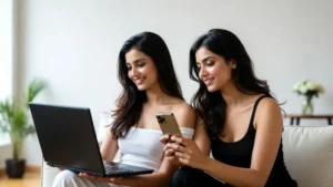 Two women comparing products online using a laptop and smartphone before buying