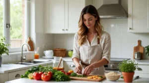 Woman preparing healthy food in a modern kitchen while exploring lifestyle products