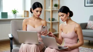Women reviewing products together using laptops and mobile phones for buying decisions