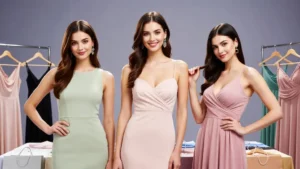 Women comparing elegant fashion outfits and beauty products for style guide recommendations