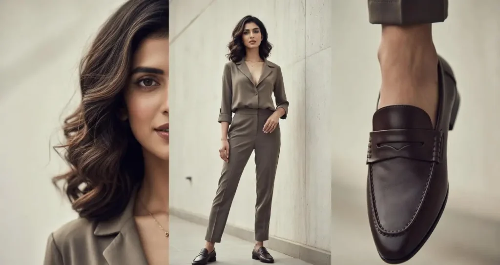 Women wearing classic brown loafers with formal trousers – smart office footwear styling