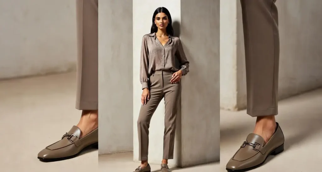 Brown women’s loafers paired with tailored pants – comfortable office wear footwear